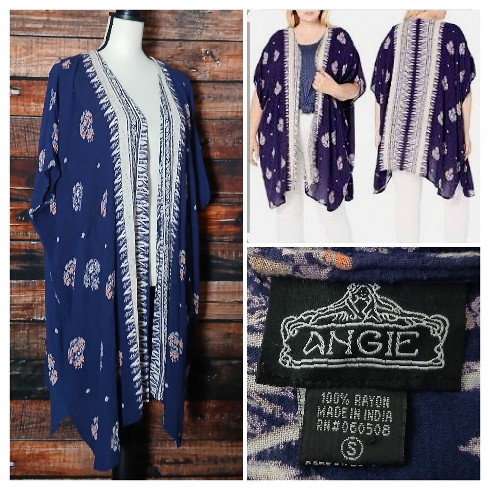 Angie Top S Kimono Cardigan Open Kaftan Cover Blue Rayon Boho Hippie Flowy